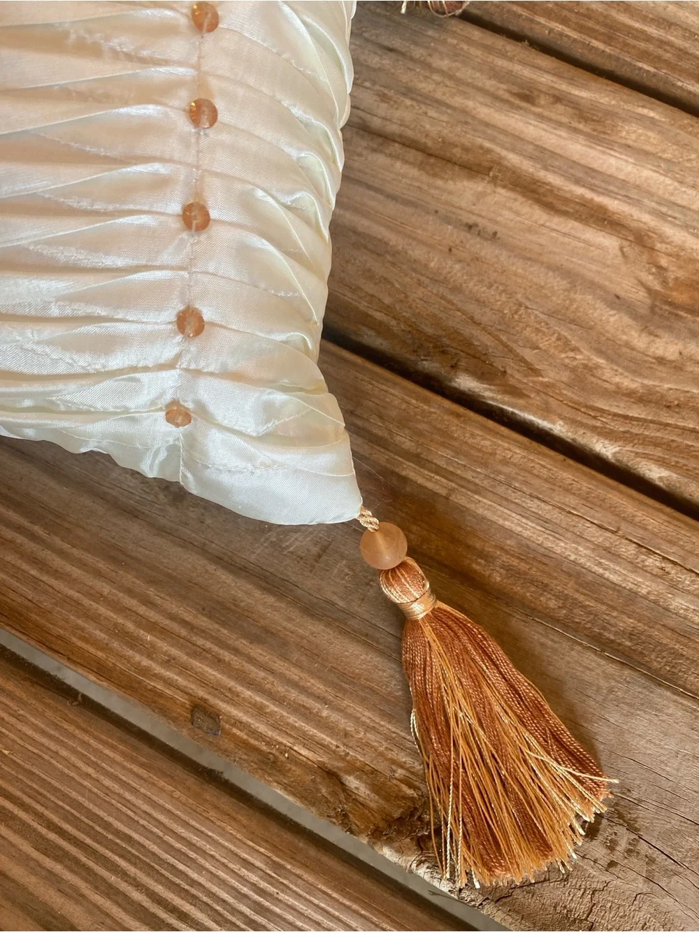 Set of 2 Cream Beaded Pleated Satin Decorative Pillows with Tassels